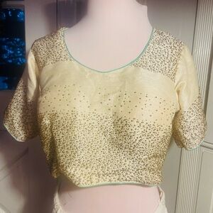 Handmade Crop Top Embellished w/ Amber Rhinestones w/ Teal Trim